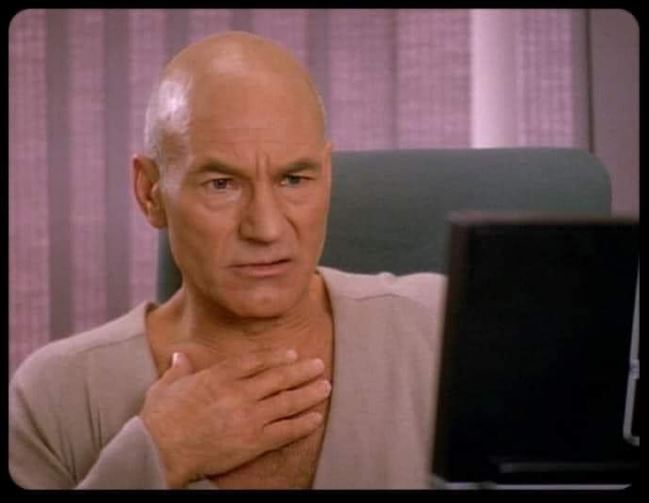 This meme is a screenshot from the TV show Star Trek: The Next Generation, featuring Captain Jean-Luc Picard with a look of shock and surprise. The image is captioned "When you realize you've been using the wrong font for your entire career". The meme is implying that Picard is similarly shocked and embarrassed by his own mistake.